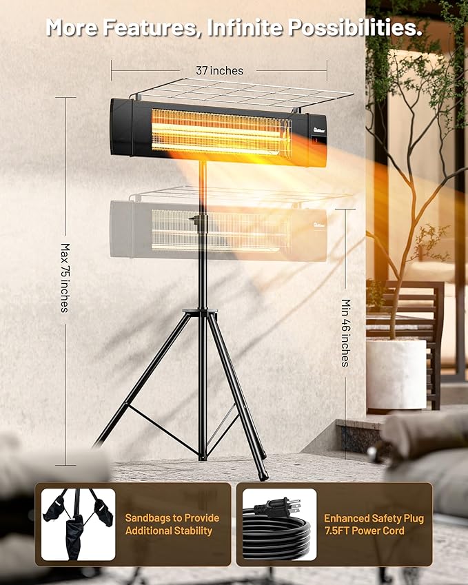 DR. INFRARED HEATER Carbon Infrared Patio Heater with Tripod, Remote Control, Optional On/Off Tip-Over Protection, Freestanding or Wall-Mounted, Black