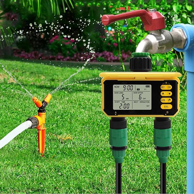 Solar Panel Sprinkler Timer, Double Outlet Smart Water Timer with Rain Sensor, Automatic Watering Valve Irrigation Controller System for Garden Hose Lawns Yard