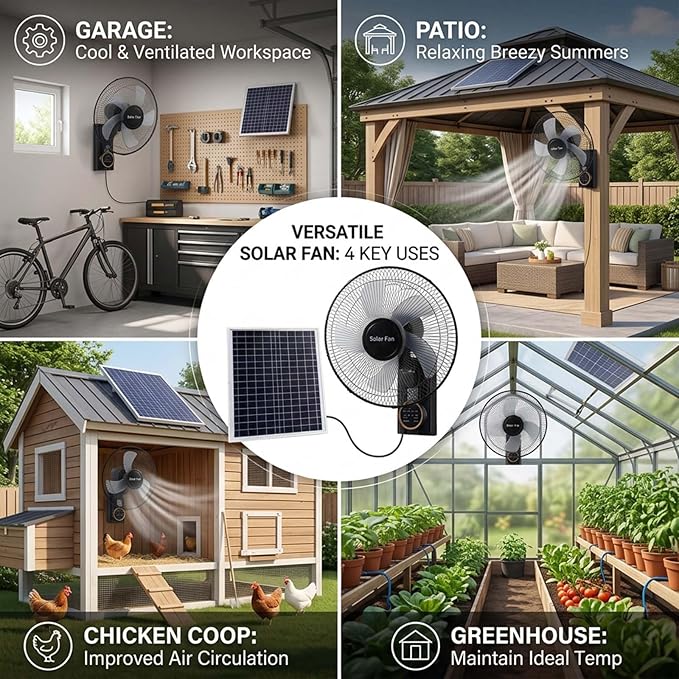Waterproof 16" Outdoor Solar Wall Mount Fan, Heavy Duty Oscillating Fan with Remote & Timer, 3 Speeds Adjustable Tilt Quiet Fan for Greenhouse, Patio, Commercial Use