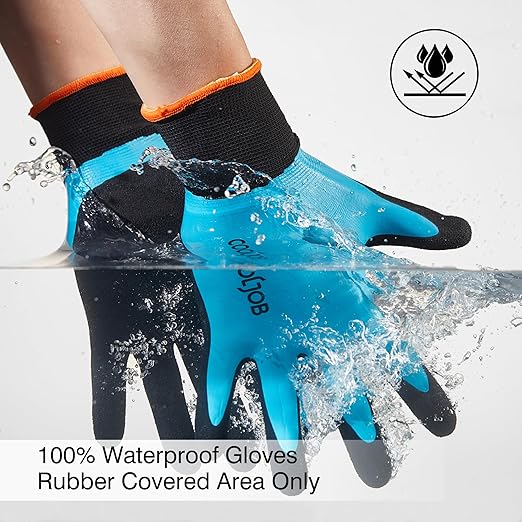 COOLJOB Waterproof Gardening Work Gloves with grip for Women & Men, Double Rubber Coated for Garden Yard Outdoor Construction Worker, Blue Large Size 2 Pairs