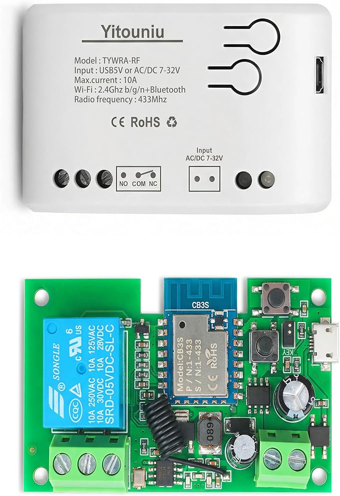 1 Channel Tuya Smart Life WiFi Momentary Inching Self-Locking Relay Switch Module,DC 7-32V/USB 5V Wireless Remote Control with RF Bluetooth, Compatible with Alexa Goolge Home (1CH)