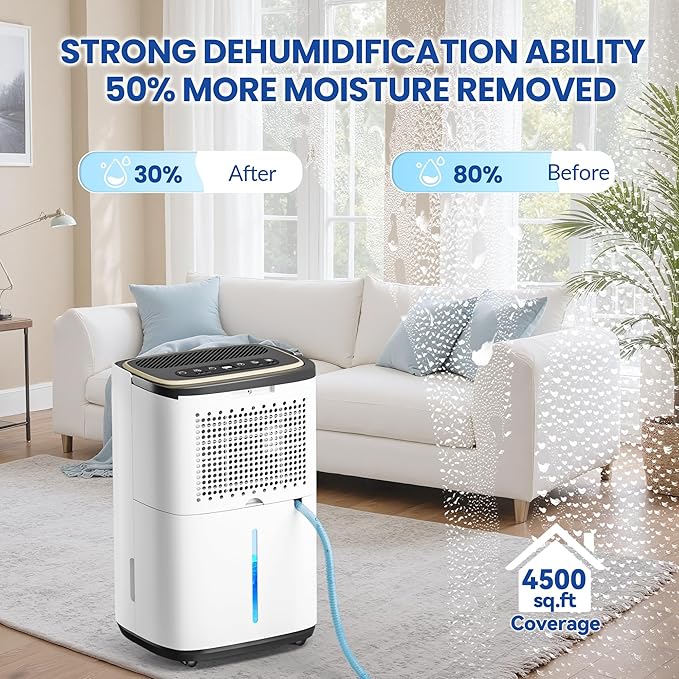 5000 Sq.Ft Dehumidifier for Basement with Drain Hose, 50 Pint Large Best Compressor Dehumidifiers for Home or Garage, Smart Humidity Control, 24H Timer & Child Lock, Ideal for Large Rooms, Garage
