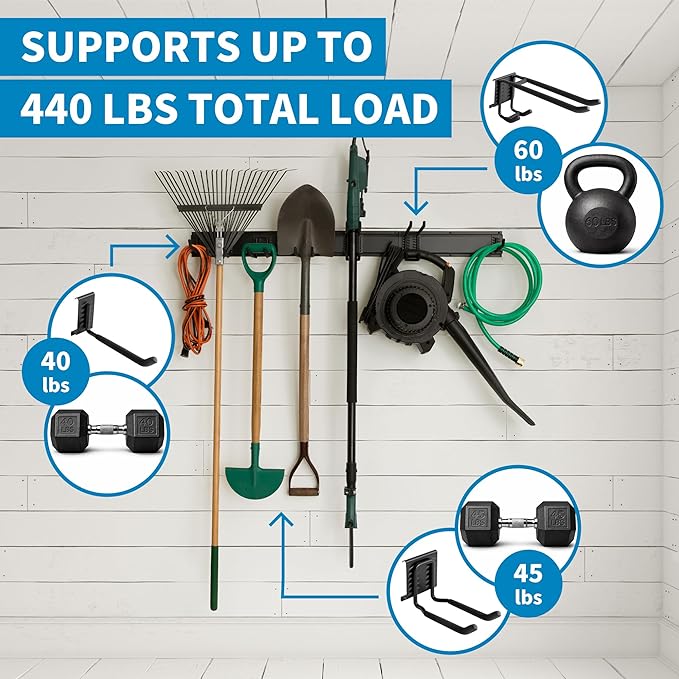 Precision Defined Garage Tool Organizer Wall Mount 48 inches, 330 lbs Capacity, Garden Tool Organizer, Garage Storage Rack, Shed Organizer, Garage Organizer with Adjustable Hooks, Shovel, Rake Holder
