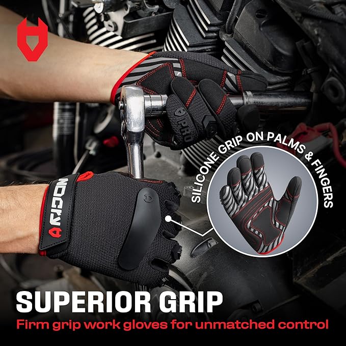 NoCry Heavy Duty Work Gloves for Men - Soft PVC Knuckle Protection - Reinforced Fingers & Thumb Crotches - Padded Palms - Double Stitched with Grip and Touchscreen Tips
