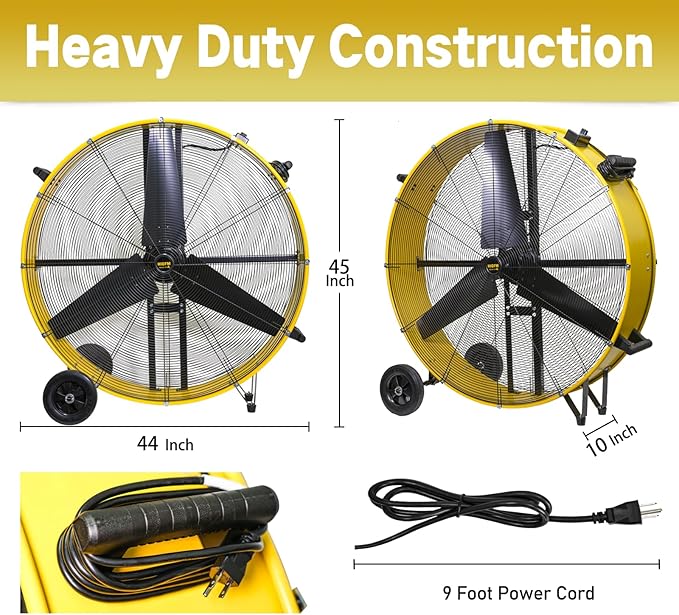 HiCFM 42" Industrial Drum Fan 28000 CFM with 8” Wheels High Velocity 2-Speed Heavy Duty Metal Floor Fan for Warehouses, Shops, Greenhouses, Barns, Gyms