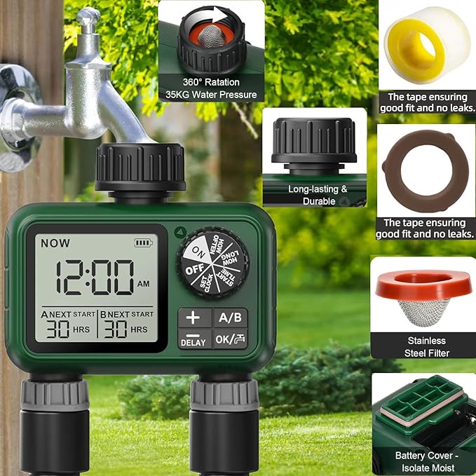 2 Zone Water Timer for Outdoor Garden Hose, Sprinkler Timer for Garden Faucet with Auto/Manual/Rain Delay Mode, Sprinkler Irrigation Controller for Yard Lawn