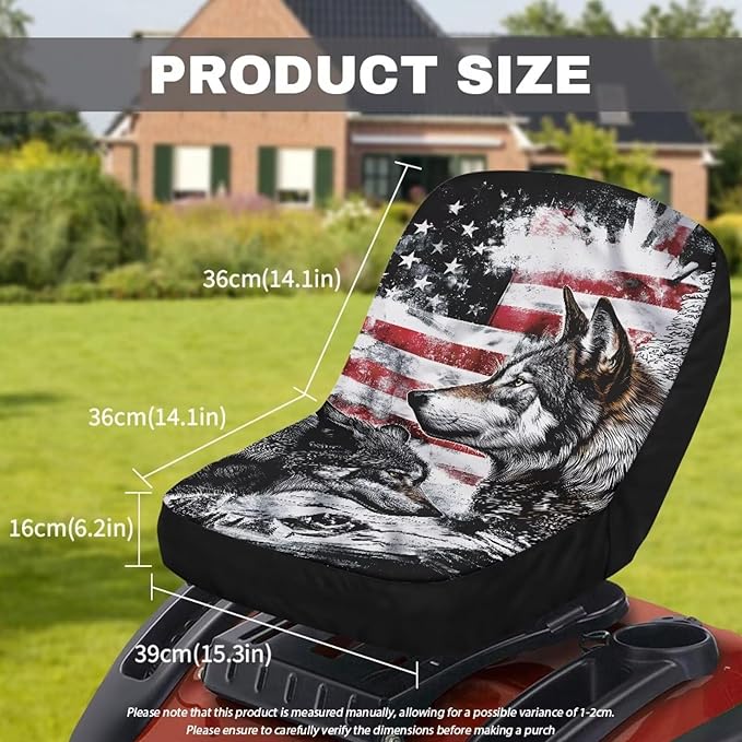 Wolf American Flag Riding Lawn Mower Seat Cover, Heavy-Duty Waterproof Tractor Seat Cover for Farm Equipment, Seat Cover for Zero Turn Mower