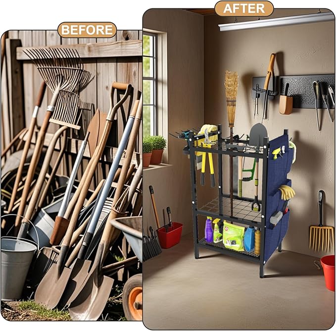Garden Tool Organizer Rack, Heavy Duty Metal Yard Tool Stand for Garage, Shed, Outdoor, Holds Up to 50 Long-Handled Tools, Rakes, Brooms, Shovels, 3-Tier Utility Storage with Hooks, Black