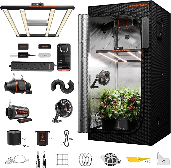 Spider Farmer 3x3x6ft Grow Tent Kit Complete Set, G3000 300W Dimmable Bar Style LED Grow Light 36"x36"x70" Tent Kits 4" Ventilation System with GGS AC5 Power Strip