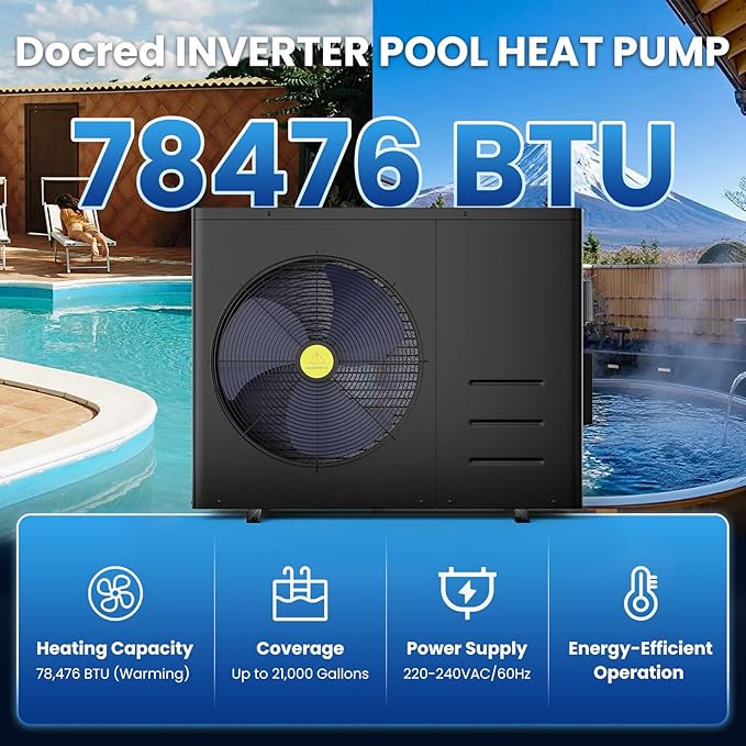 DoCred 78,476 BTU Inverter Swimming Pool Heat Pump, Pool Heater for Above Ground and Inground Pool up to 21,000 Gallons, Smart WiFi Control, COP 15.03, Timer, 220-240 V