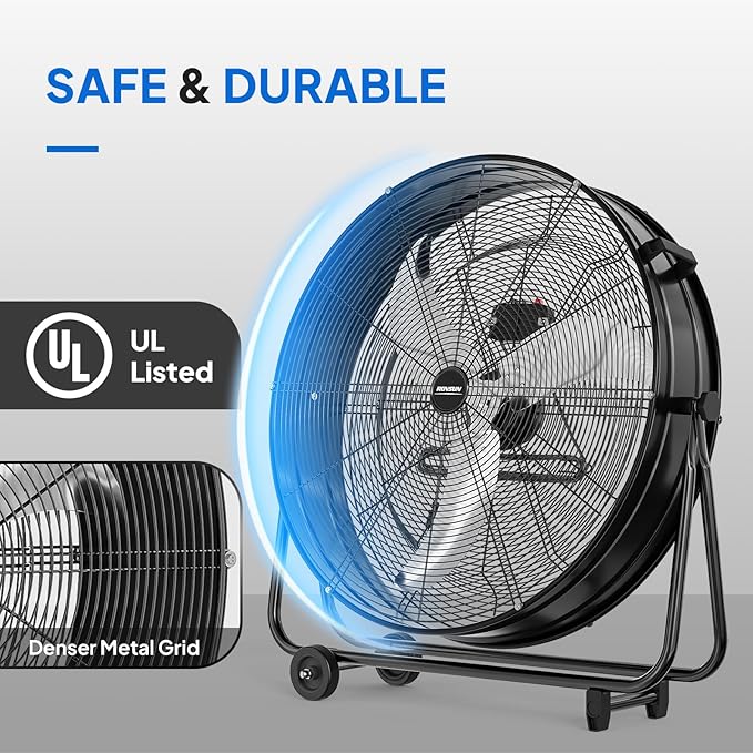 ROVSUN 30 Inch High Velocity Drum Fan, 13000CFM Industrial Metal Floor Fan with Handle, Heavy Duty, 3-Speed, 360° Tilt, Air Circulator for Shop, Garage, Gym, Barn, Commercial, UL Safety Listed, Black