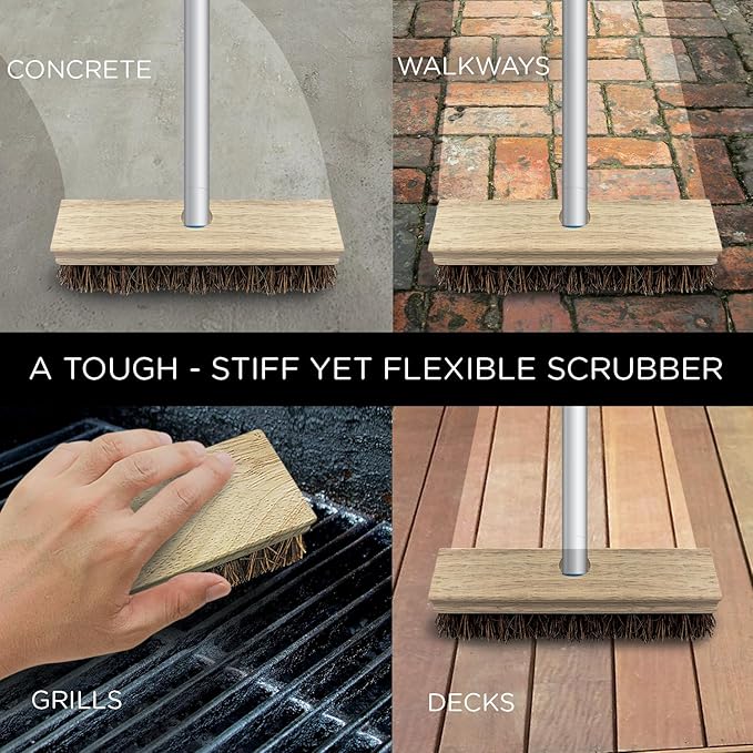 LOLA Deck Scrub Brush, 9" x 3.5" Head w/Palmyra Bristles for Outdoor Cleaning, Removes Dirt & Grime from Patios, Decks, Grout, 1 Count