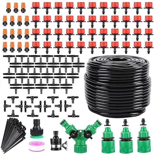Drip Irrigation System - Irrigation System for Garden w/ 1/4" & 1/2" Fast-Lock Tubing - Adjustable Nozzles & Sprinklers Garden Watering System(164FT Kits)