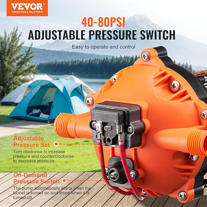 VEVOR 12V Diaphragm Pump, 5 GPM (18.93 L/min), 5-Chamber 12V DC Water Pump with Automatic Pressure Switch 40-100 PSI Adjustable, 1/2'' MNPT Port, for Agricultural Irrigation Construction Site Drainage