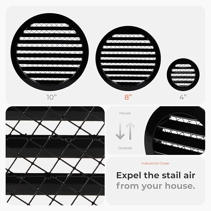 8" Inch Round Aluminum Vent Cover - Air Vent Louver - Soffit Grille Cover - Built-in Aluminum Screen - Grill Cover/Dryer Vent Cover for House, Kitchen, Bathroom, Garage, Attic Ventilation