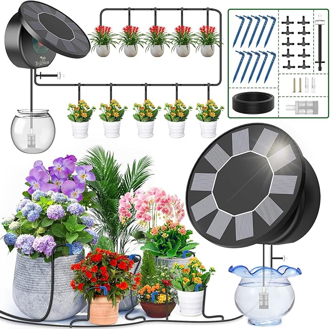 Solar Automatic Drip Irrigation System Kit, Auto Watering Kit for DIY Garden Watering System with 9 Timing Modes and Anti-Siphon Set，Indoor/Outdoor Garden, Balcony & Patio Irrigation System