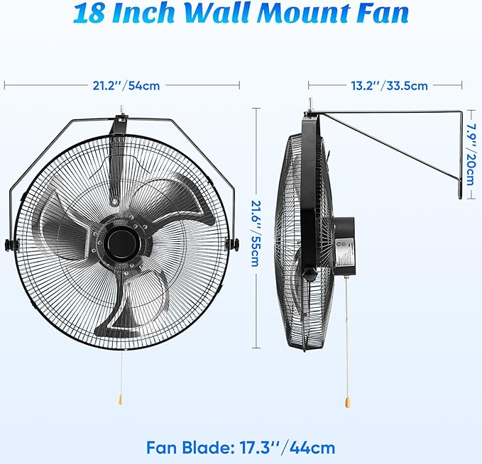OLIXIS 18 Inch Wall Mount Fan, 2600 CFM, 3-Speed High Velocity Fan, Vertical & Horizontal Adjustable Tilt for Industrial, Commercial, Warehouse, Greenhouse, Black