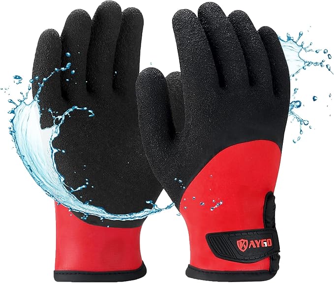 KAYGO Winter Waterproof Thermal Work Gloves for Men and Women, Full Hand Latex Coated, Acrylic Insulated Liner for Freezer Cold Weather, Fine Crinkle Grip,KG140W,Red, L