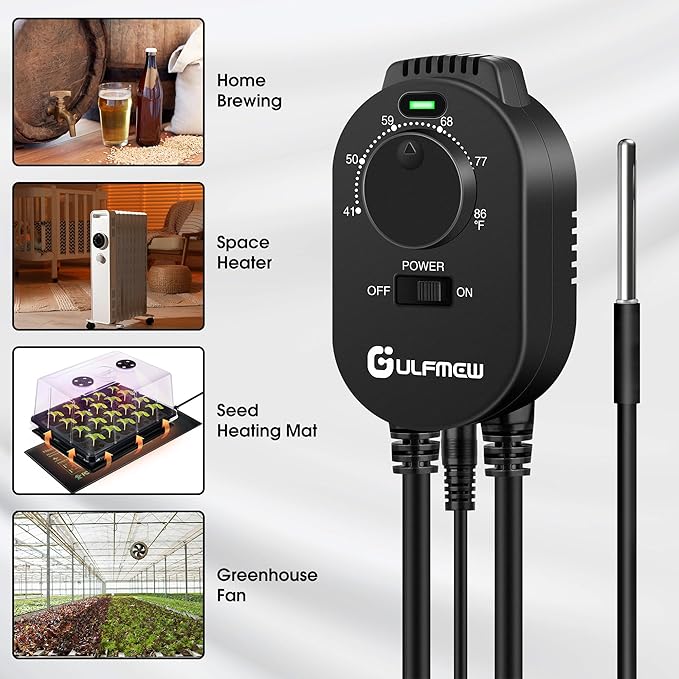 2 Pack Thermostat Outlet for Heater, One Temperature Controller Outlet with 4.9FT Power Cord, Heating and Cooling Thermostat Outlet with Temperature Probe for Space Heater, Greenhouse Fan