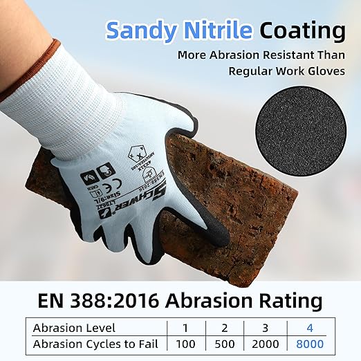Schwer 12 Pairs Safety Work Gloves with Sandy Nitrile Coating, Extreme Fiber-Abrasion Resistance(Level 6-Certified) Heavy Duty Working Glove with Grip for Men Women, A2 Cut Glove, for Construction, XL