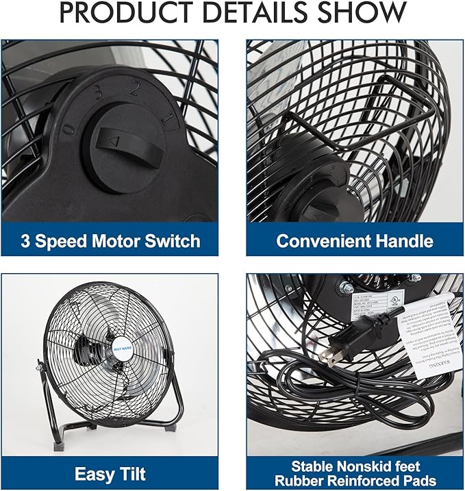 BILT HARD 12" 3-Speed High Velocity Heavy Duty Metal Floor Fan, 1680 CFM, 180-Degree Tilt, Powerful Airflow Fan for Home, Bedroom, Residential Use
