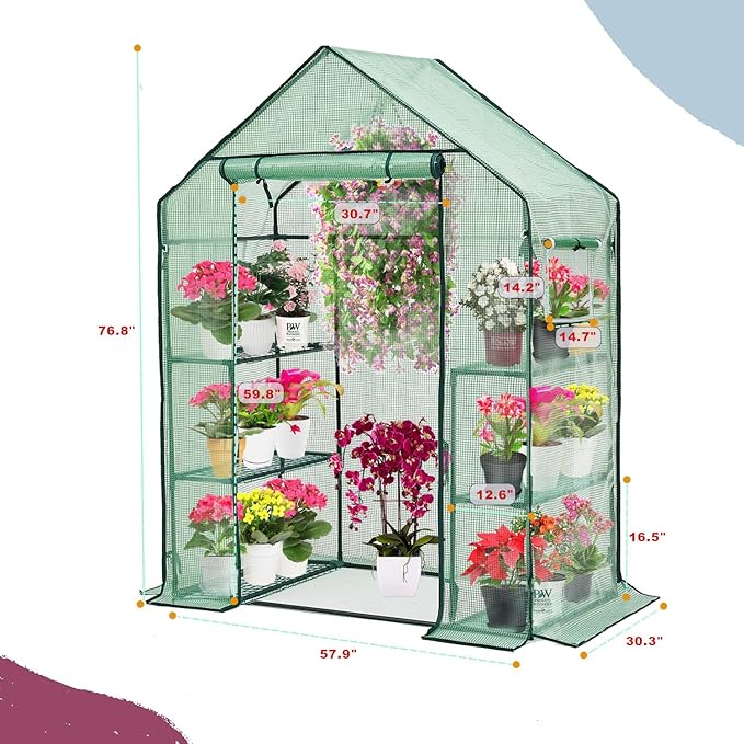Purlyu Walk-in Greenhouse for Outdoors w/ Mesh Side Windows, 3 Tiers 6 Shelves PE Cover Green House Portable Warm House for Seedling Flowers Growing 20 Pcs T-Type Plant Tags Include (GHW001G)