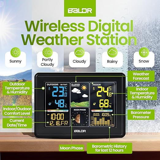 BALDR Wireless Digital Weather Station - Indoor Outdoor Thermometer Wireless Home Weather Station with Remote Sensor, Atomic Alarm Clock, Moon Phase & Barometric History Display, Weather Clock