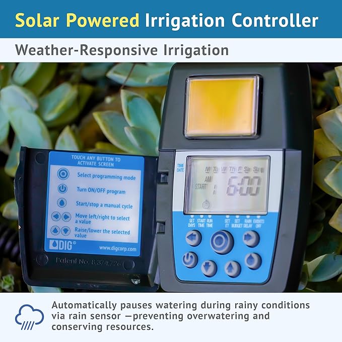 DIG ECO1ILV.075 Single Station Solar Powered Irrigation Controller W/Rain Sensor Connections Mounted on a 3/4" FNPT Inline Valve
