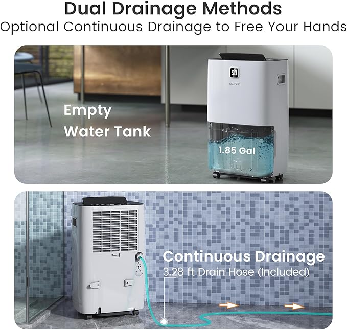 Yaufey 150 Pints Dehumidifier with Pump for Home, Basement and Large Room up to 7500 Sq. Ft., With Drain Hose, Timer, Intelligent Humidity Control and Large Water Tank