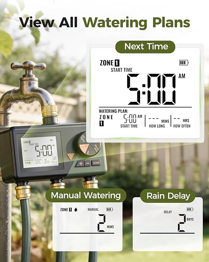 Brass Sprinkler Timer 3 Zone, Diivoo Water Hose Timer 3 Outlet for Garden, Programmable Automatic Irrigation with Rain Delay and Manual/Auto Mode Watering for Lawn, Yard, Pool