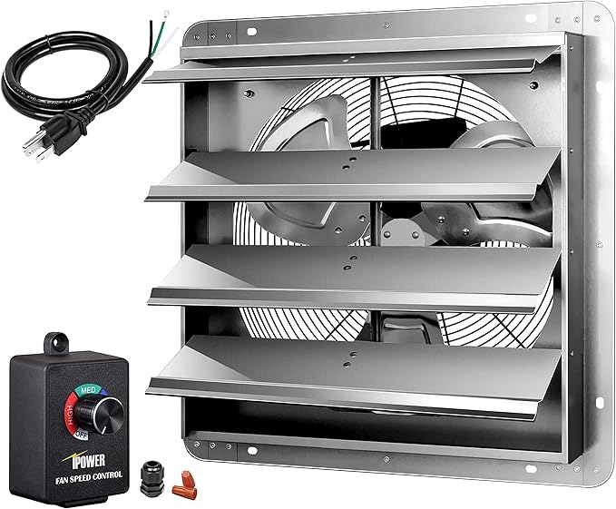 iPower 18 Inch Wall Mounted Shutter Exhaust Fan with Speed Controller and Power Cord Kit, Aluminum, 1400 RPM, 2000 CFM, for Attic, Garage, Louvered Vent, Plant, Greenhouse, Silver