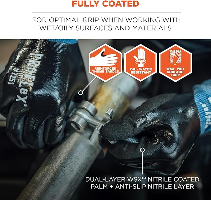 Ergodyne ProFlex 7251 Fully Coated Nitrile Work Gloves, Oil/Water Resistant, ANSI/ISEA 105-2016 A5 Cut Resistance, Touchscreen Capable