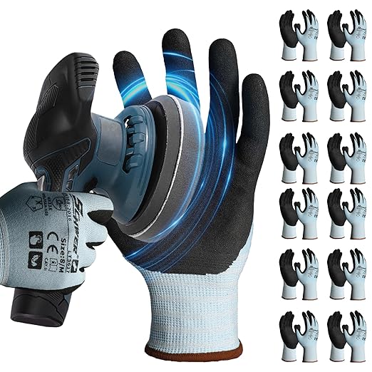 Schwer 12 Pairs Safety Work Gloves with Sandy Nitrile Coating, Extreme Fiber-Abrasion Resistance(Level 6-Certified) Heavy Duty Working Glove with Grip for Men Women, A2 Cut Glove, for Construction, L