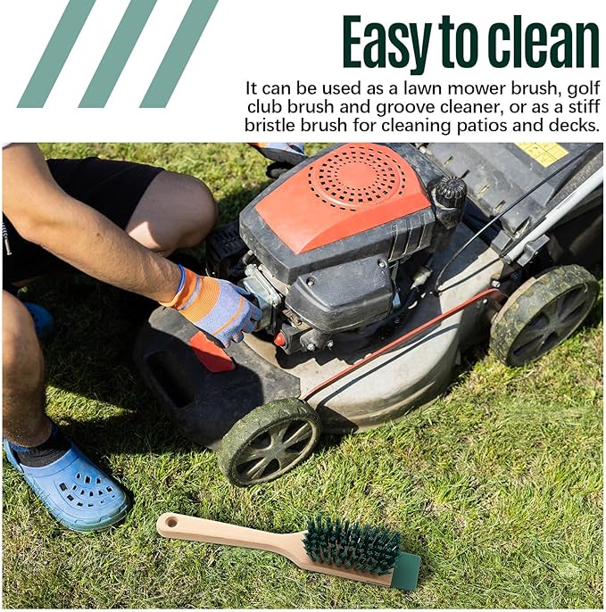 CroBlissful 2 Pcs Heavy Duty Scrubbing Brush Stiff Bristle Brush with Wood Handle and Scraper for Lawn Mower Deck Scraper Cleaning Outdoor Boot Scrub Brushes