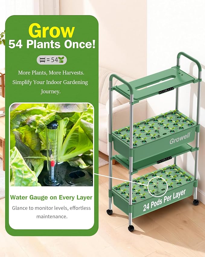 Growell Large Hydroponics Growing System Kit, Vertical Indoor Herb Garden Kit with LED Grow Light & Independent Water Pump, 28L Movable Indoor Planter Perfect Gardening Gifts (2 Tier-54 Pods Green)