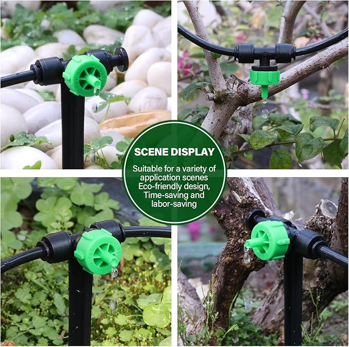 Kalolary 30Pcs Push-to-Fit Drip Irrigation Emitters 1 GPH Pressure Compensating Drippers with Constant Water Flow Drip Irrigation System Parts for 1/4 Inch Irrigation Tubing with 6PCS End Plugs(Green)