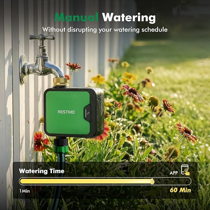 RESTMO Smart WiFi Water Timer for Garden Hose, Sprinkler Timer with APP Control & Brass Inlet, Rain Delay/Manual/Automatic Watering System, Quantity or Timed Irrigation Modes for Misting, Garden