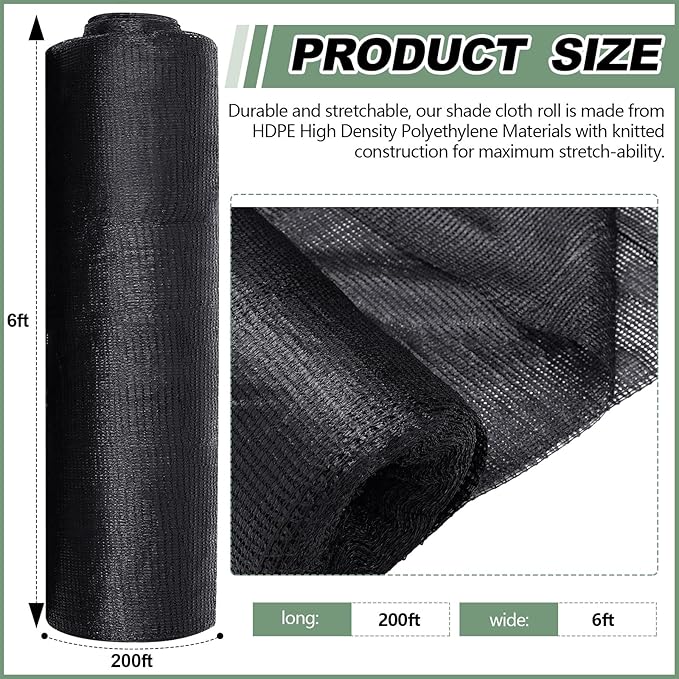 6 x 200 ft Shade Cloth Black Shade Cloth Roll for Covering Garden 70% Mesh UV Resistant Net with Ties for Patio Outdoor Greenhouse Fence Flower Plant Cover Canopy