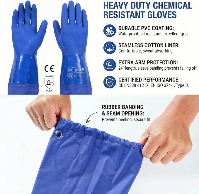 Youneedthat Chemical Resistant Gloves, Seamless Cotton Lined, Heavy Duty Waterproof Gloves, Long Rubber PVC, 24" L,XL,XXL