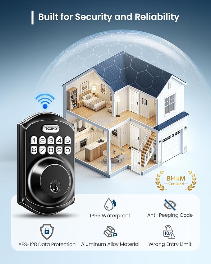 TEEHO TE011W Wi-Fi Keyless Entry Door Lock with Keypad - Smart Deadbolt Lock for Front Door with 2 Keys - Remote Control, Works with Alexa & Google, APP Unlock - Easy Installation - Matte Black