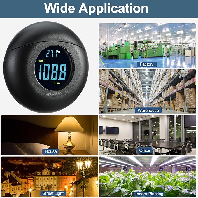 Light Meter Digital Illuminance Meter Handheld Ambient Measurer with 360° Detector, Measurer with Range up to 200,000 lux with LCD Display, Light Meter for Factories, Warehouses, Offices