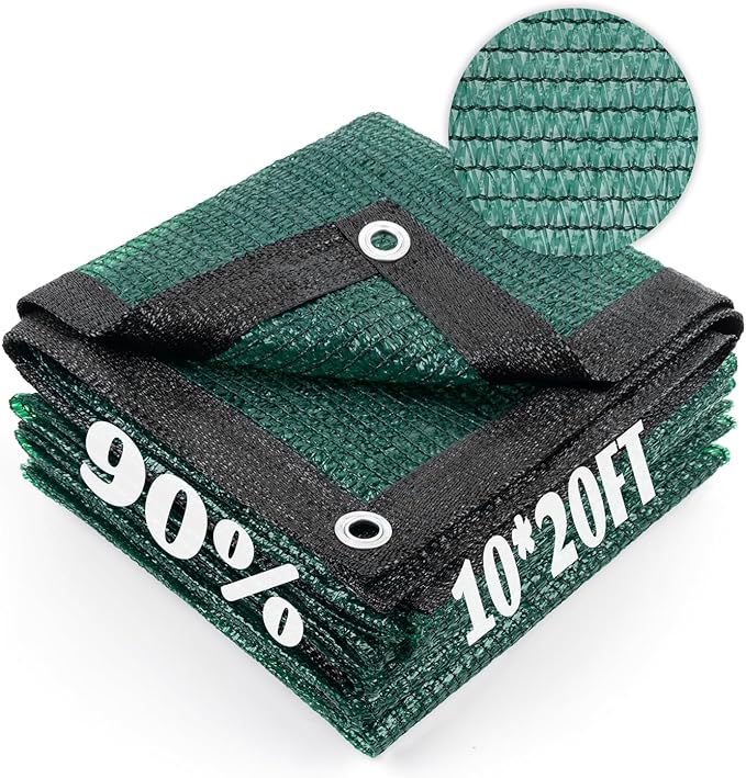 Cool Area 90% Sun Shade Cloth Mesh Tarp with Grommets for Plant Cover 10x20ft Patio Canopy Garden Pergola Greenhouse Car Barn Kennel Dark Green