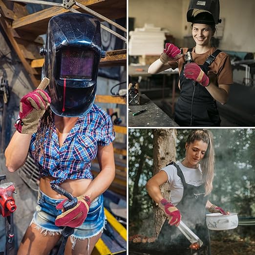 Leather Gardening Gloves for Women - Working Gloves for TIG/MIG Welding, Construction, Farm, Best Garden Gifts & Tools for Gardener (Large)
