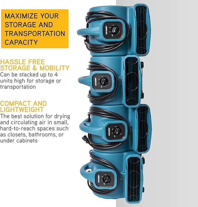 XPOWER P-80A Mini Mighty 138 W 600 CFM Centrifugal Air Mover, Carpet Dryer, Floor Fan, Blower, Stackable, Daisy Chain, for Water Damage Restoration, Janitorial, Plumbing, Home Use