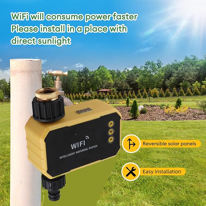 Smart Solar Panel Water Timer, Automatic Irrigation Controller for Garden Hose with Rain Sensor, Solar Panel Watering System Outdoor Irrigation Controller