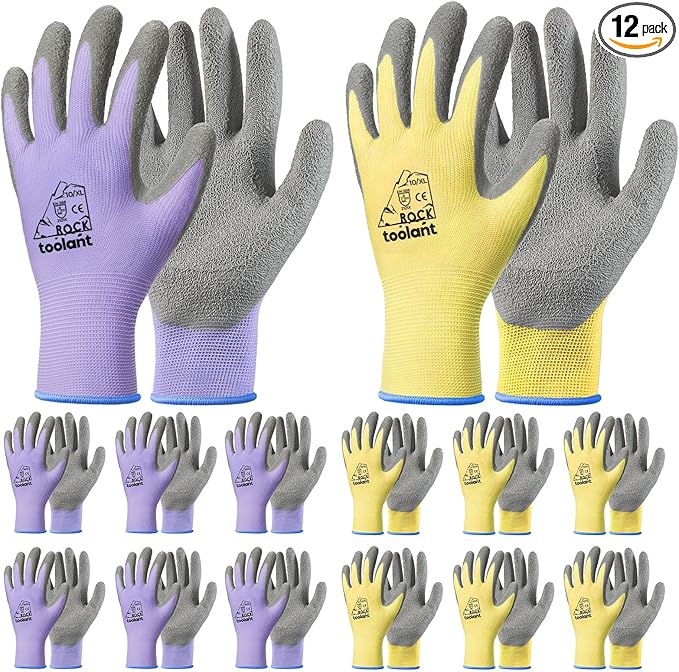 toolant Crinkle Latex Work Gloves Bulk, Rubber Coated Safety Work Gloves for Men and Women, 12 Pairs for Construction, Gardening, Warehouse (Purple & Yellow, X-Large)