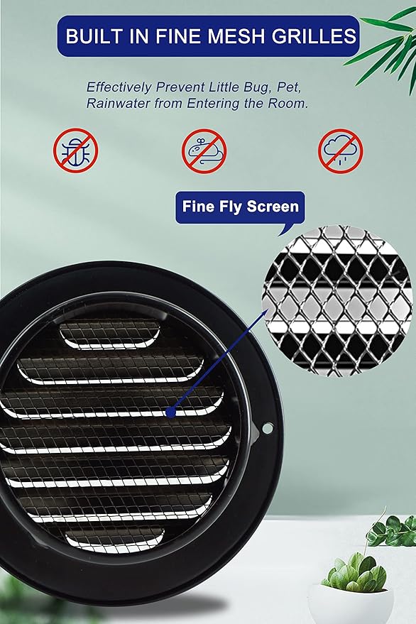 6 Inch Stainless Steel Round Air Vent Covers,LouanXpert Black Soffit Vent Covers Louvered Grille Wall Vent with Built-in Fine Mesh for Garage,House, Flat, Garage (150mm - 2PCS)
