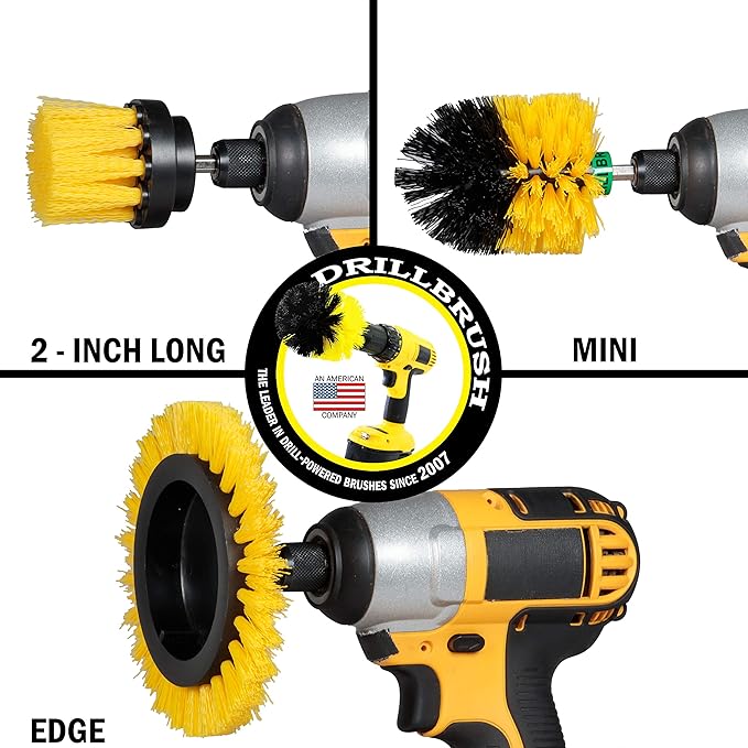 Drill Brush Power Scrubber by Useful Products – 3 Piece Yellow Bathroom Accessories Cleaning Set - Drill Brush Set to Clean Tile and Grout - Shower Cleaning Supplies - Drillbrush Shower Cleaner