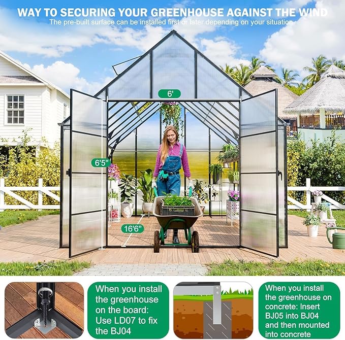 CDCASA 16.5x10.2 FT Greenhouse for Outdoors,Easy Assembly Large Polycarbonate Greenhouse Aluminum Greenhouses w/3 Vents Window, Swing Door, Garden Walk-in Green House