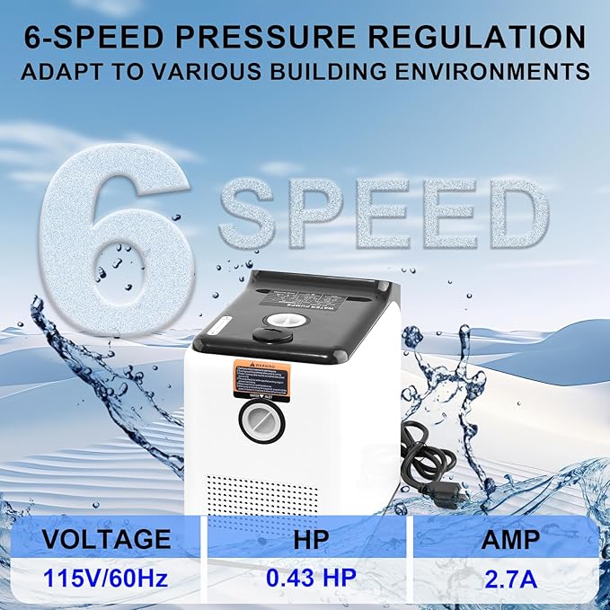 Water Pressure Booster Pump, 115V 6-Speed Smart Variable Frequency, Constant Pressure,1100 GPH High Flow Self-Priming for Whole House Apartment Shower Garden Shallow Well (Automatic)